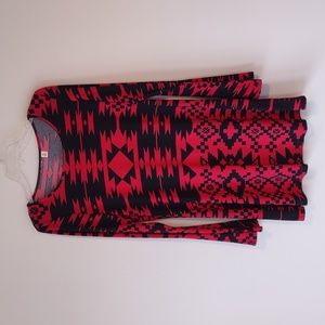Beautiful Bold Red Black Geometric Long Sleeved Dress Women's Size M